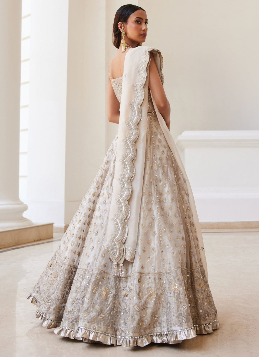 Ivory Gold Embroidered Pure Silk Tissue Lehenga Set Sanya Gulati - Fabilicious Fashion