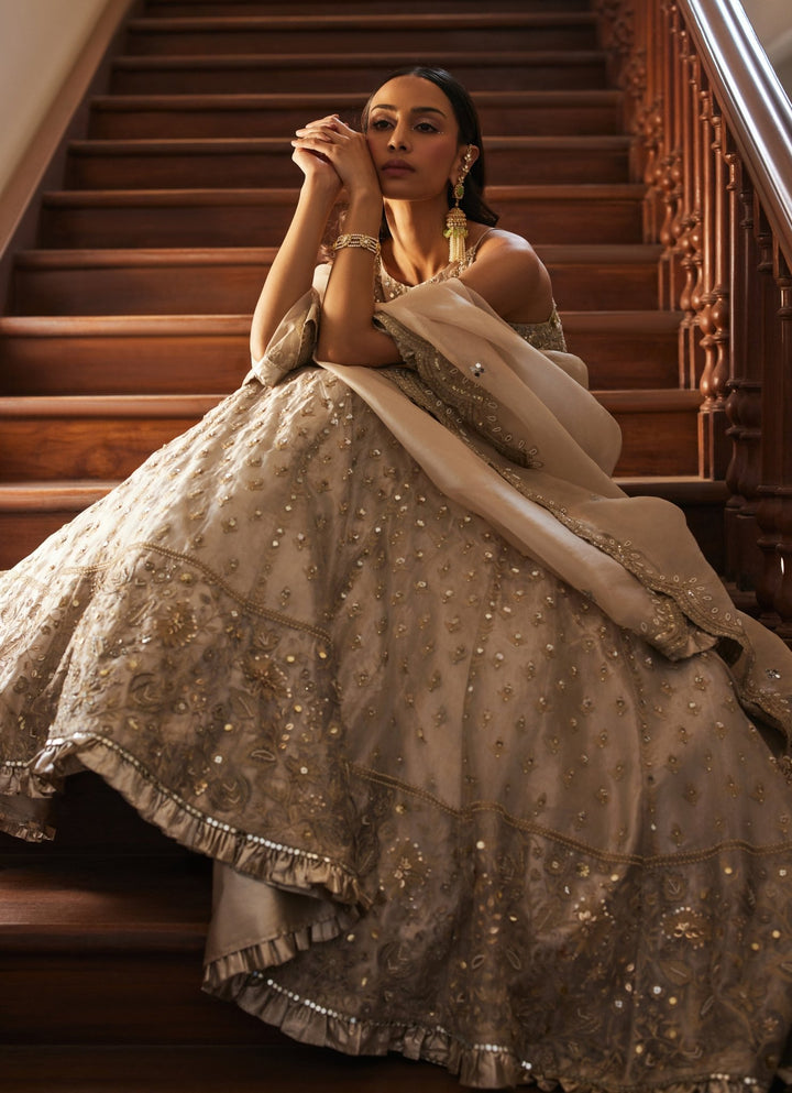 Ivory Gold Embroidered Pure Silk Tissue Lehenga Set Sanya Gulati - Fabilicious Fashion
