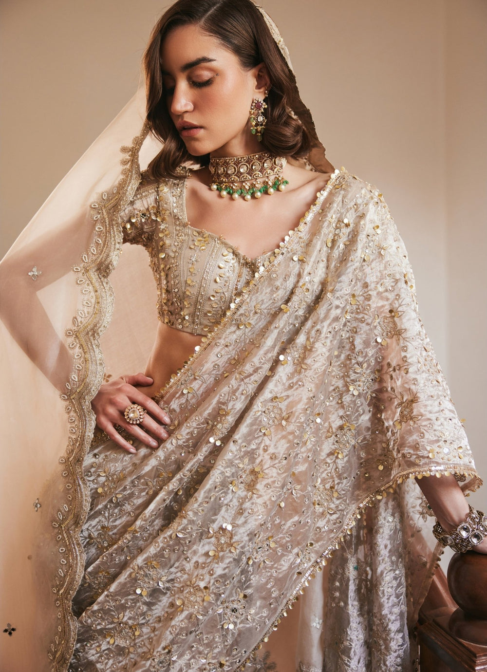 Ivory Gold Embroidered Pure Silk Tissue Predraped Saree With Veil Sanya Gulati - Fabilicious Fashion