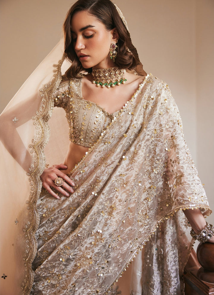 Ivory Gold Embroidered Pure Silk Tissue Predraped Saree With Veil Sanya Gulati - Fabilicious Fashion