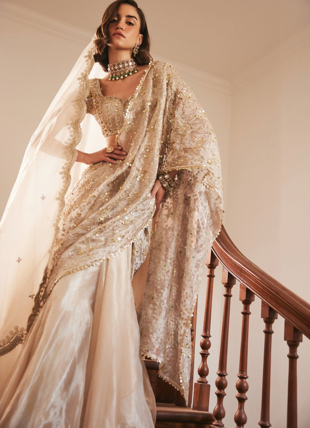 Ivory Gold Embroidered Pure Silk Tissue Predraped Saree With Veil Sanya Gulati - Fabilicious Fashion