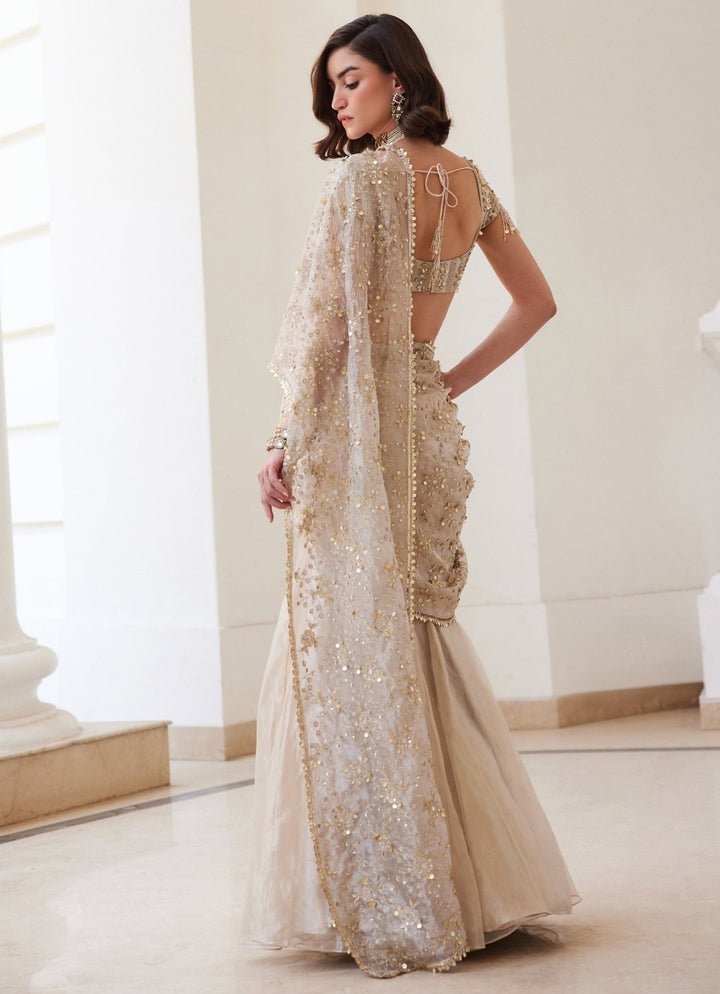 Ivory Gold Embroidered Pure Silk Tissue Predraped Saree With Veil Sanya Gulati - Fabilicious Fashion