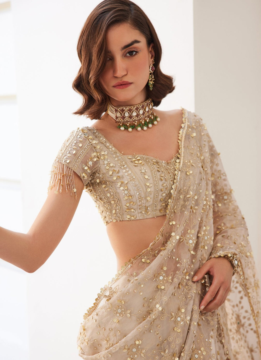 Ivory Gold Embroidered Pure Silk Tissue Predraped Saree With Veil Sanya Gulati - Fabilicious Fashion