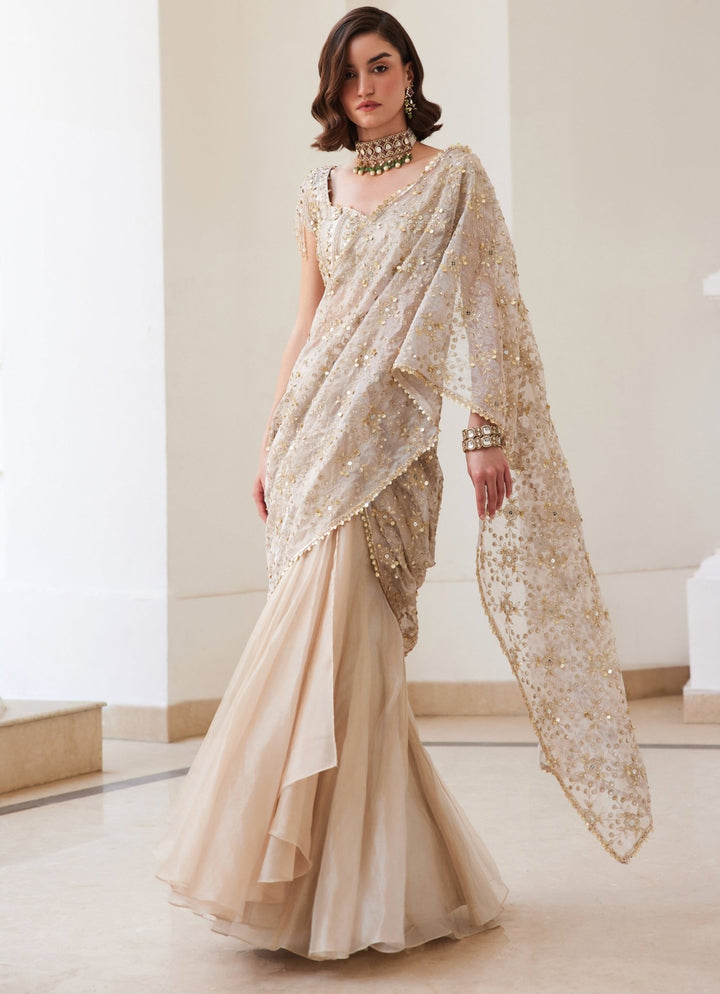 Ivory Gold Embroidered Pure Silk Tissue Predraped Saree With Veil Sanya Gulati - Fabilicious Fashion