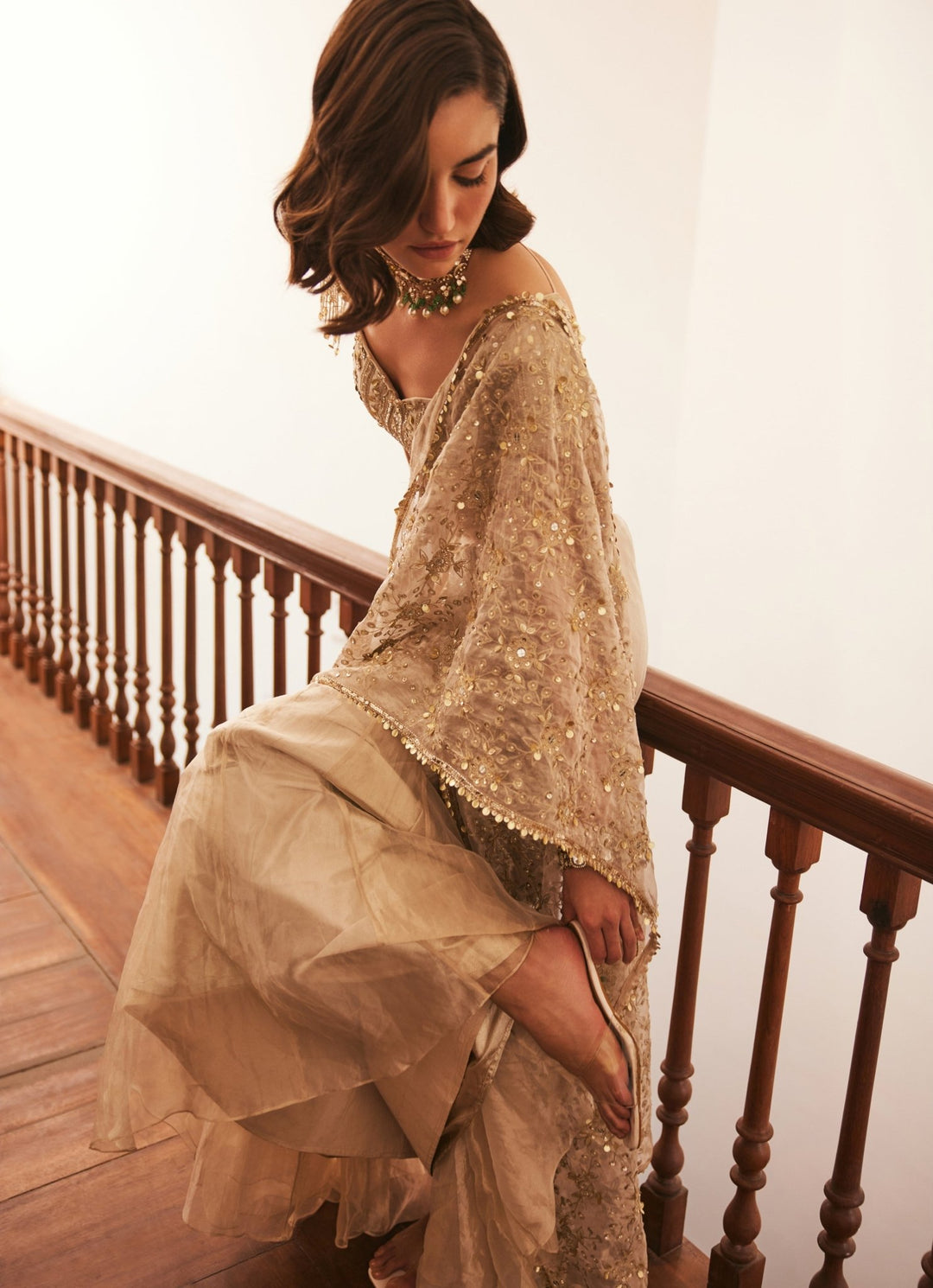 Ivory Gold Embroidered Pure Silk Tissue Predraped Saree With Veil Sanya Gulati - Fabilicious Fashion