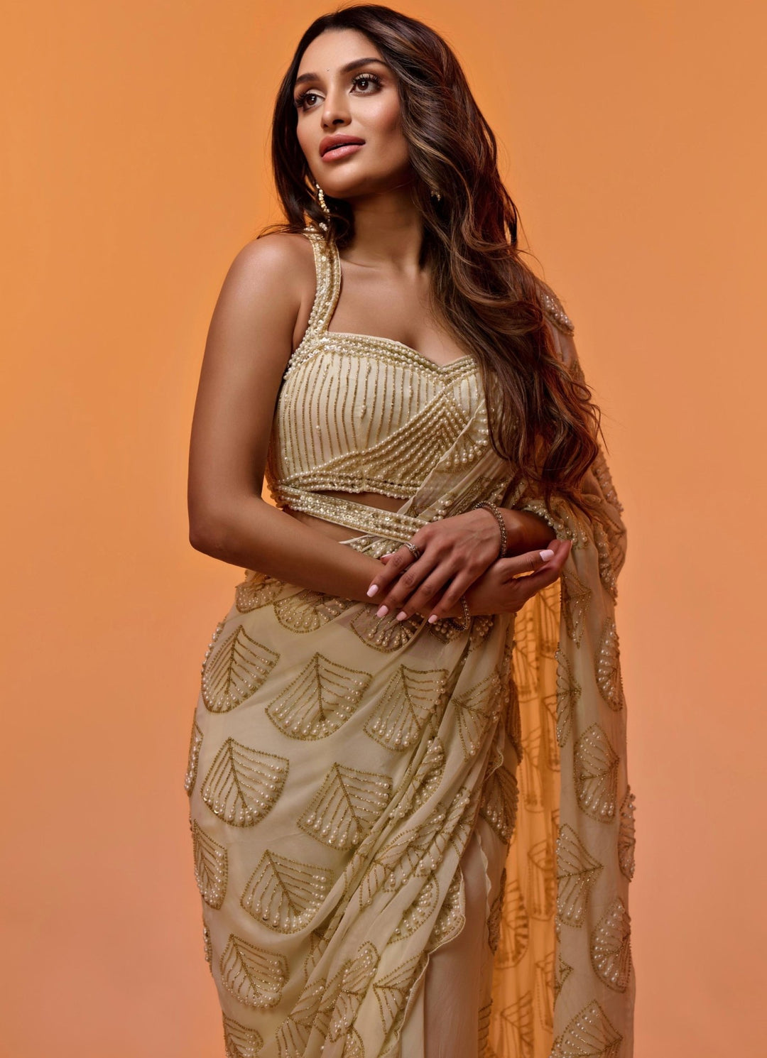 Ivory Gold Pre - Stitched Draped Georgette Saree Quench A Thirst - Fabilicious Fashion