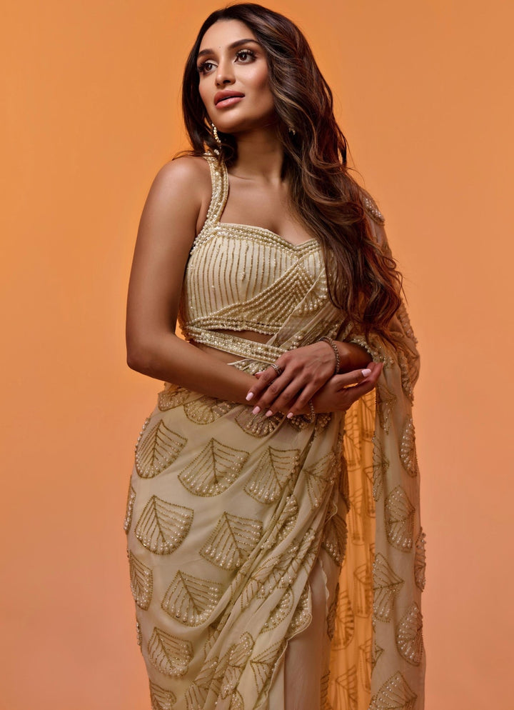 Ivory Gold Pre - Stitched Draped Georgette Saree Quench A Thirst - Fabilicious Fashion