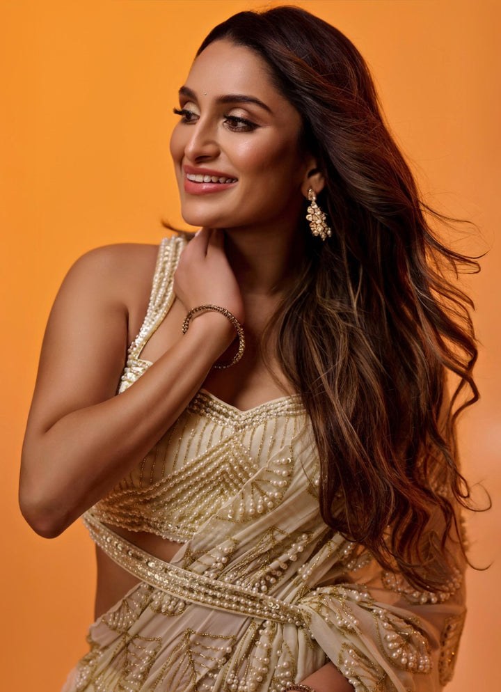 Ivory Gold Pre - Stitched Draped Georgette Saree Quench A Thirst - Fabilicious Fashion