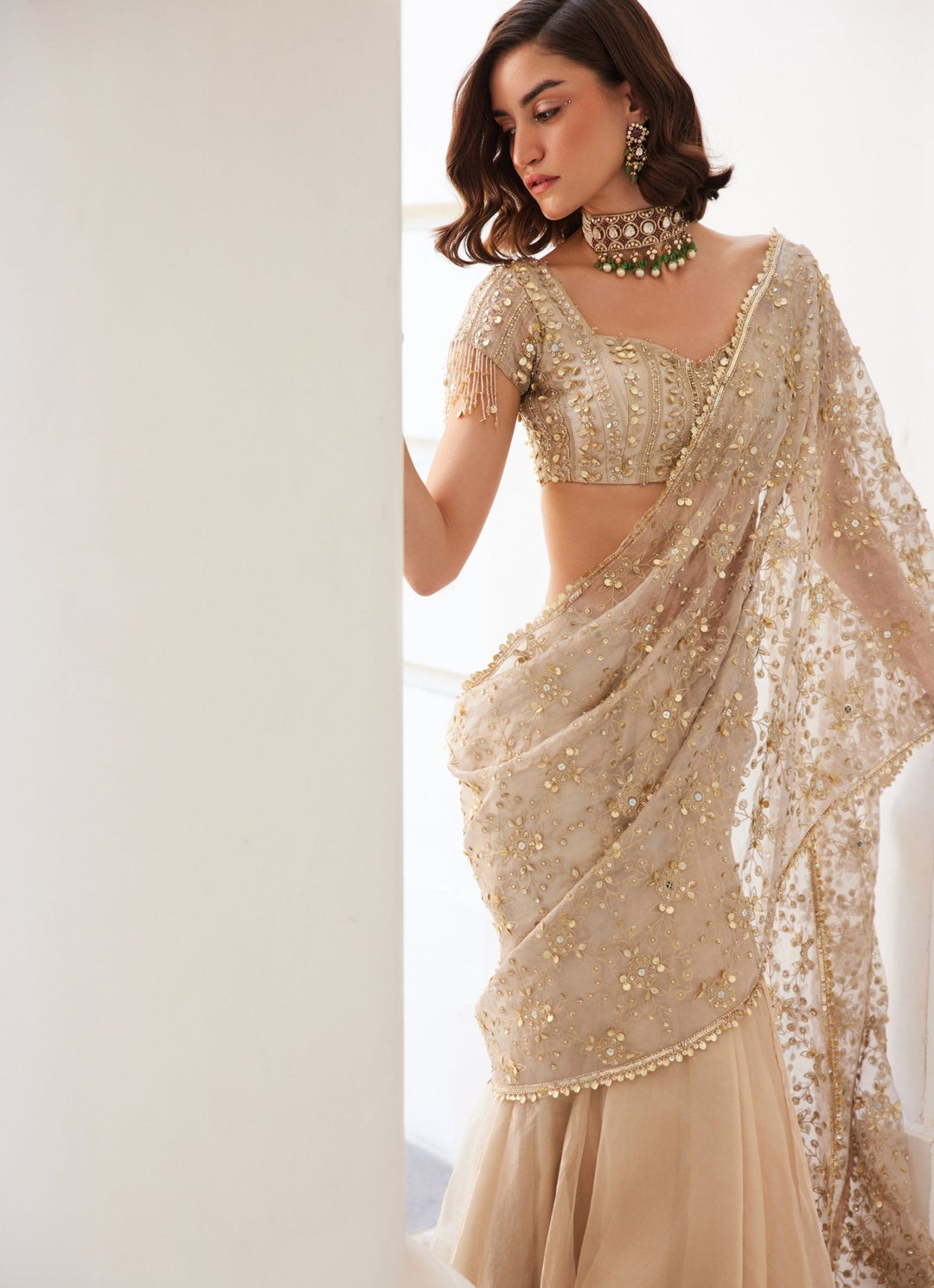 Ivory Gold Sequinned Pure Silk Tissue Predraped Saree Sanya Gulati - Fabilicious Fashion
