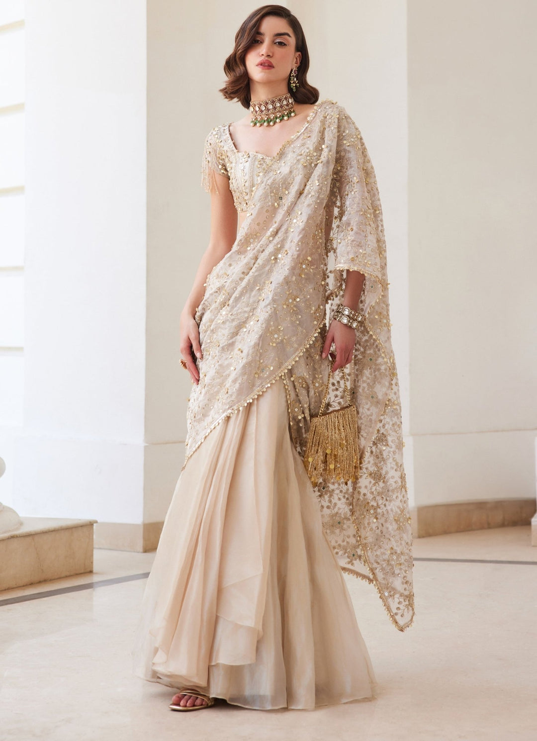 Ivory Gold Sequinned Pure Silk Tissue Predraped Saree Sanya Gulati - Fabilicious Fashion