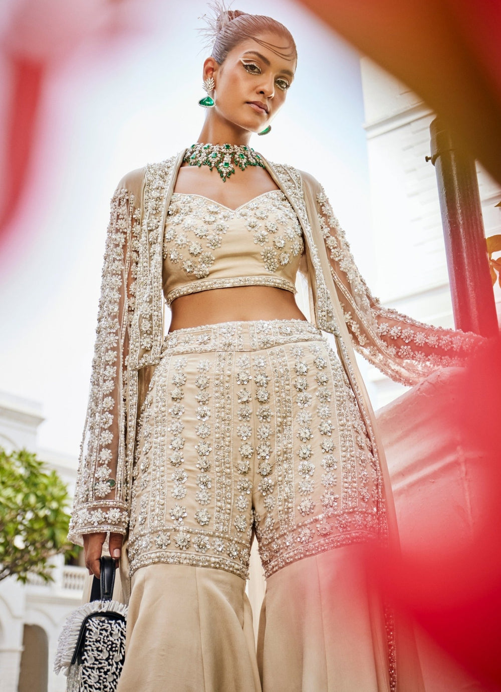 Ivory Grey Embroidered Bustier Pallazo Set With Jacket Mani Bhatia - Fabilicious Fashion