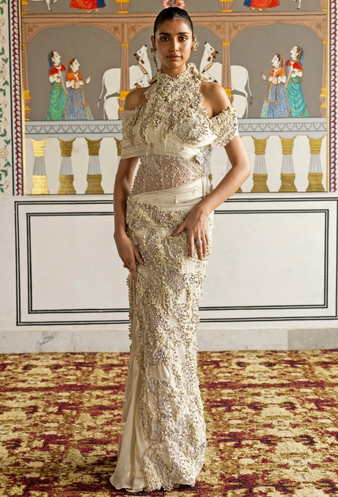 Moledro Ivory Halterneck Georgette Drape GownFabilicious Fashion