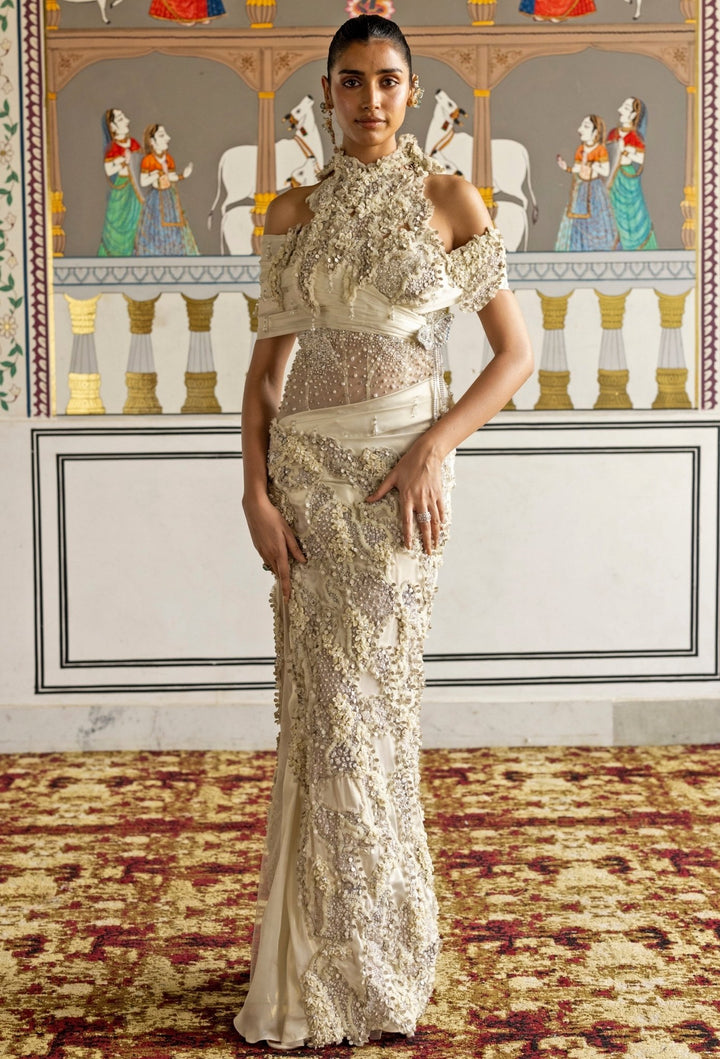 Moledro Ivory Halterneck Georgette Drape GownFabilicious Fashion