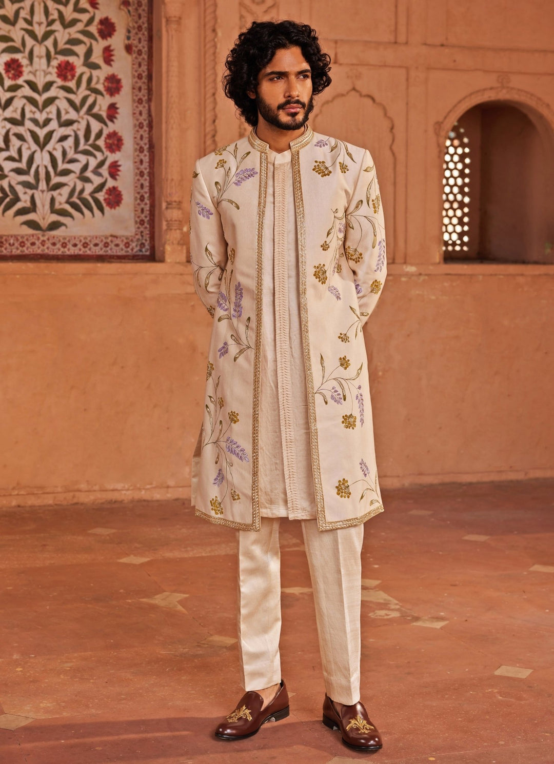 Ivory Hand Painted And Embroidered Sherwani Set Contrast By Parth - Fabilicious Fashion