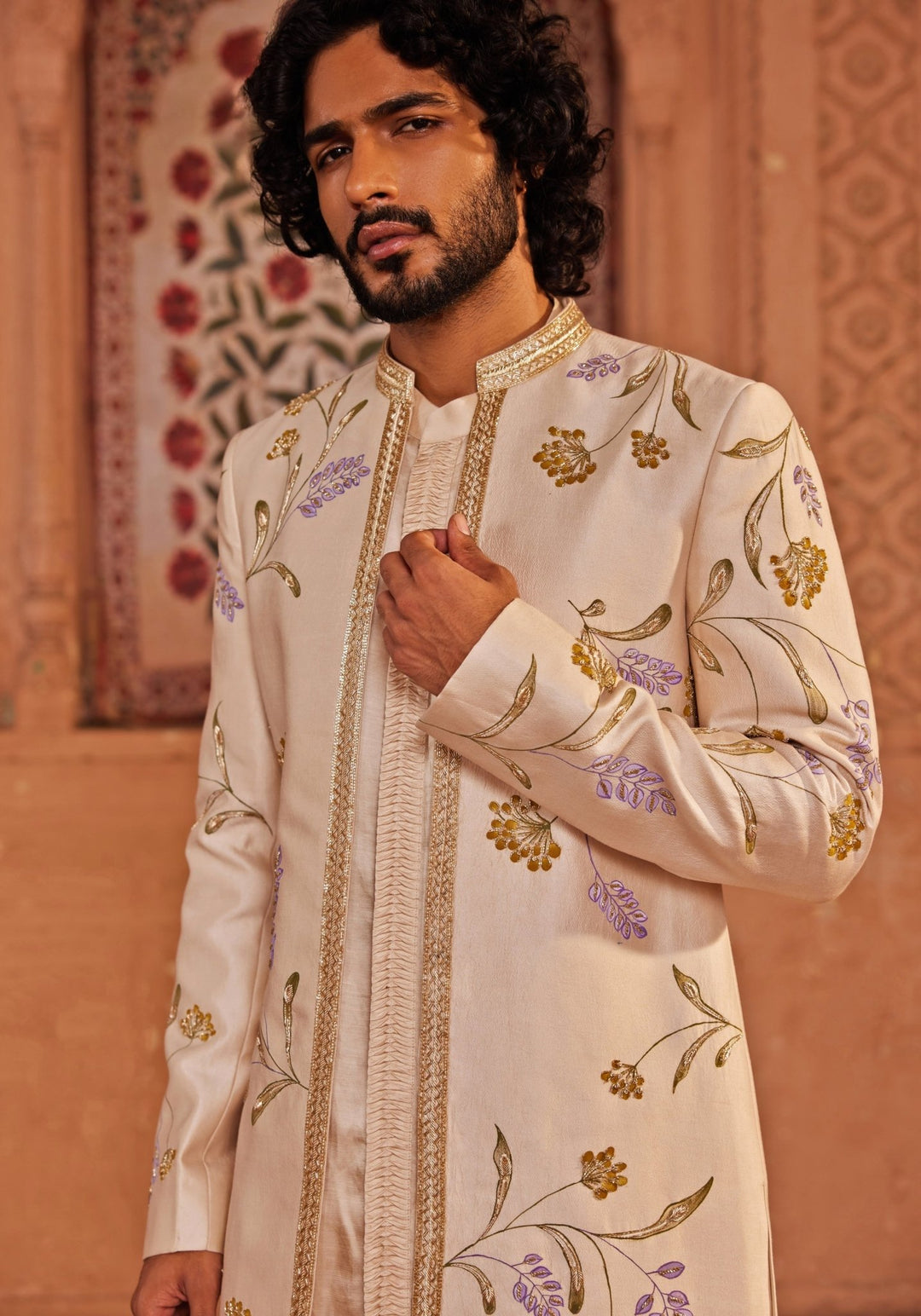 Ivory Hand Painted And Embroidered Sherwani Set Contrast By Parth - Fabilicious Fashion