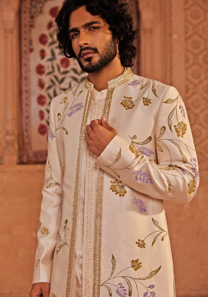 Ivory Hand Painted And Embroidered Sherwani Set Contrast By Parth - Fabilicious Fashion