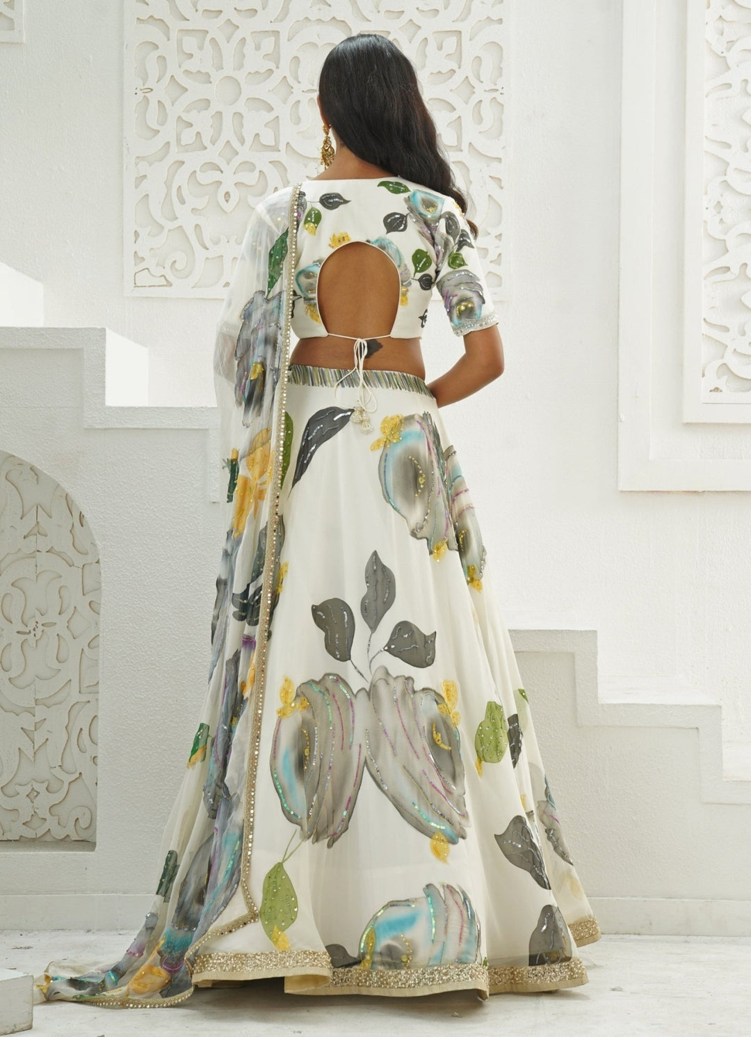 Ivory Hand Painted Georgette Lehenga Set Priti Sahni - Fabilicious Fashion