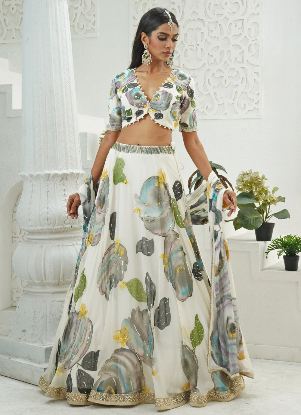 Ivory Hand Painted Georgette Lehenga Set Priti Sahni - Fabilicious Fashion