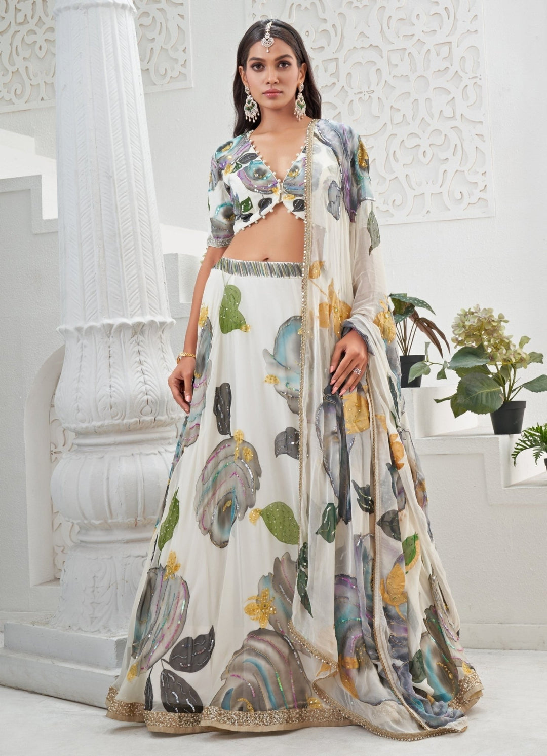 Ivory Hand Painted Georgette Lehenga Set Priti Sahni - Fabilicious Fashion