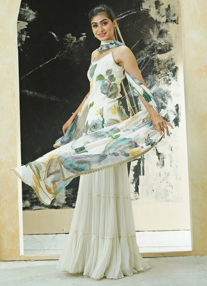 Ivory Hand Painted Kurta Sharara Set Priti Sahni - Fabilicious Fashion