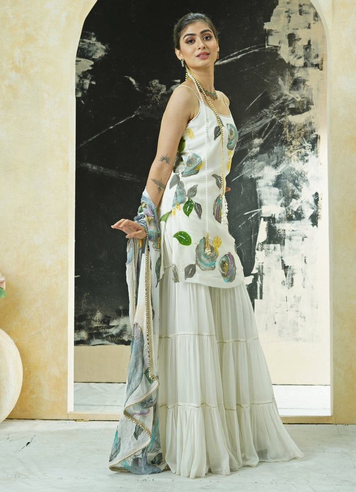 Ivory Hand Painted Kurta Sharara Set Priti Sahni - Fabilicious Fashion