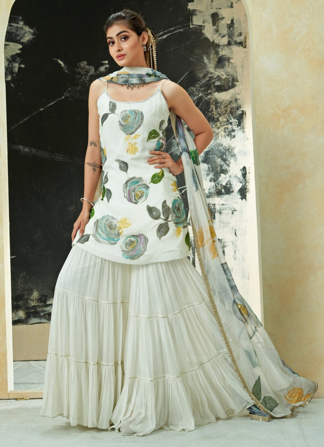 Ivory Hand Painted Kurta Sharara Set Priti Sahni - Fabilicious Fashion