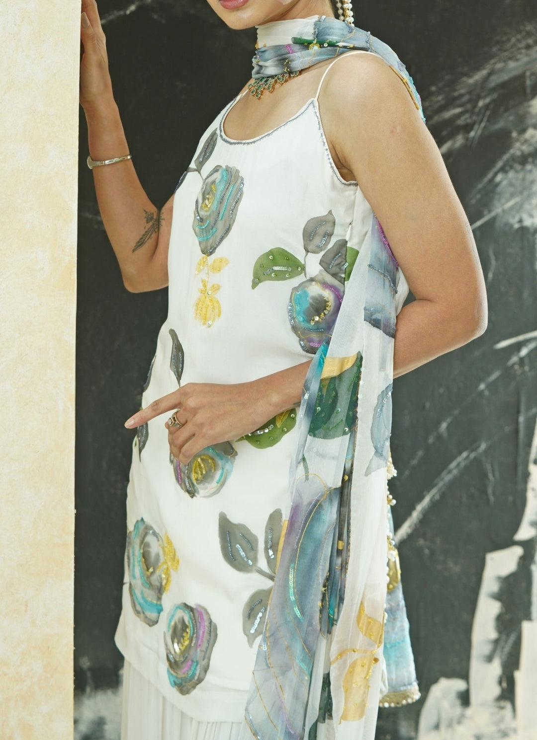 Ivory Hand Painted Kurta Sharara Set Priti Sahni - Fabilicious Fashion