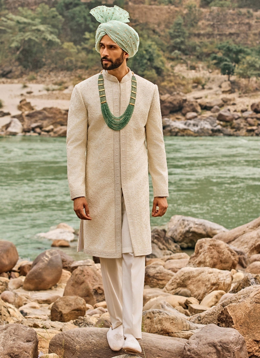 Nitika Gujral - Men Ivory Jaal Raw Silk Sherwani SetFabilicious Fashion