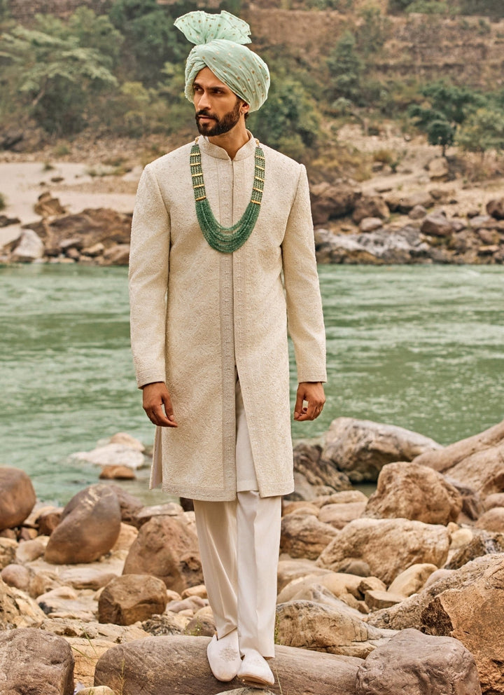Nitika Gujral - Men Ivory Jaal Raw Silk Sherwani SetFabilicious Fashion