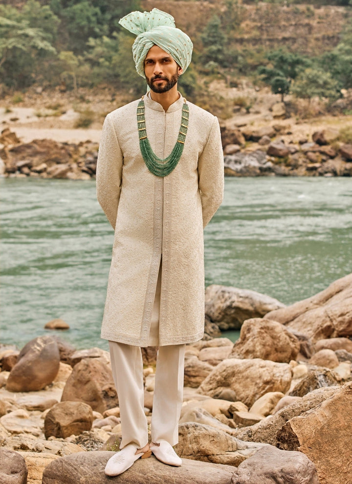 Nitika Gujral - Men Ivory Jaal Raw Silk Sherwani SetFabilicious Fashion