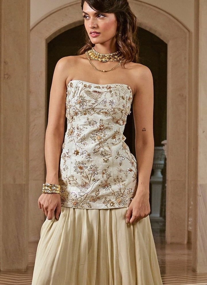 Ivory Jacquard Corset Kurta Palazzo Set Paulmi and Harsh - Fabilicious Fashion