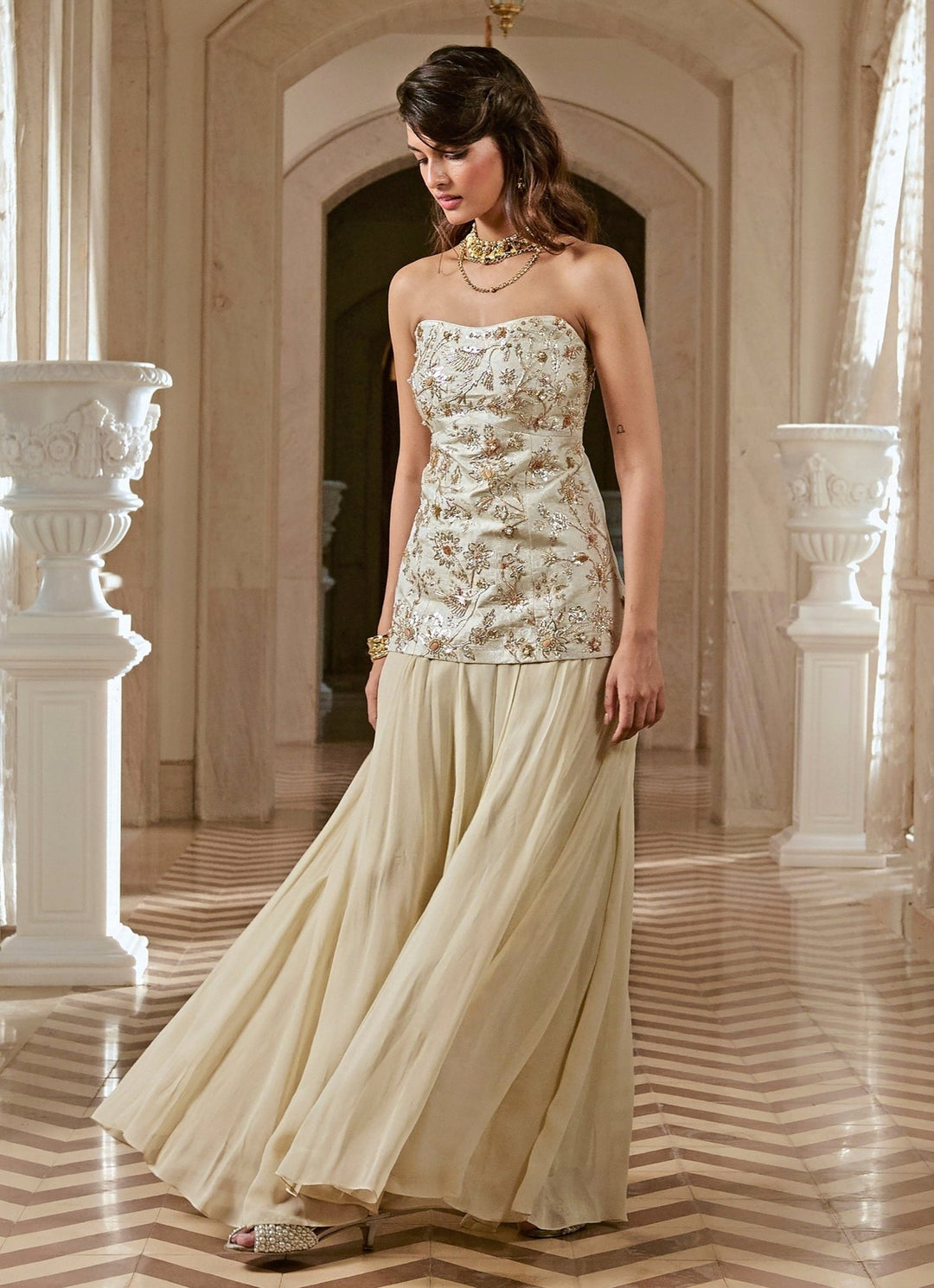 Ivory Jacquard Corset Kurta Palazzo Set Paulmi and Harsh - Fabilicious Fashion