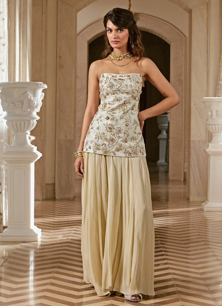 Ivory Jacquard Corset Kurta Palazzo Set Paulmi and Harsh - Fabilicious Fashion