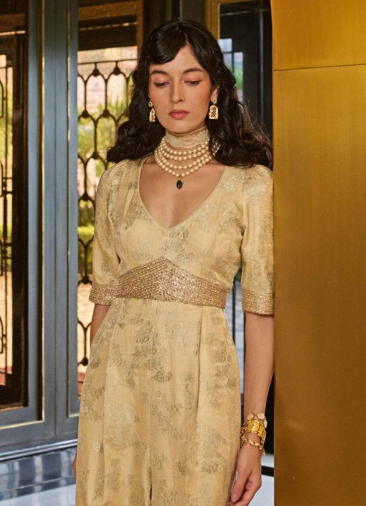 Ivory Jacquard Jumpsuit Paulmi and Harsh - Fabilicious Fashion