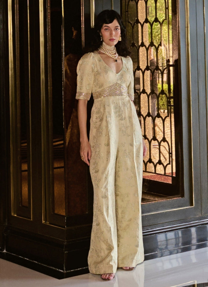 Ivory Jacquard Jumpsuit Paulmi and Harsh - Fabilicious Fashion