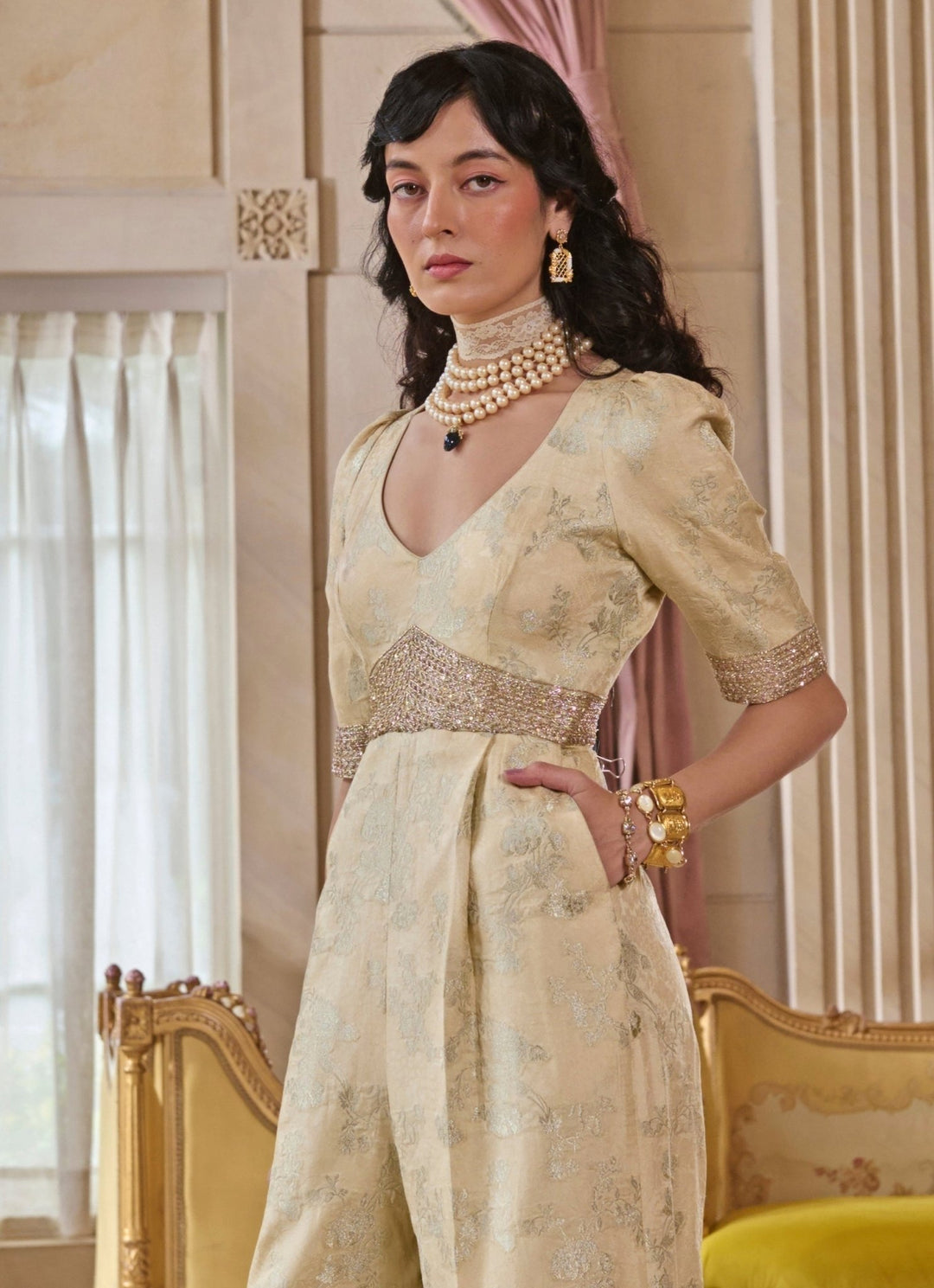 Ivory Jacquard Jumpsuit Paulmi and Harsh - Fabilicious Fashion