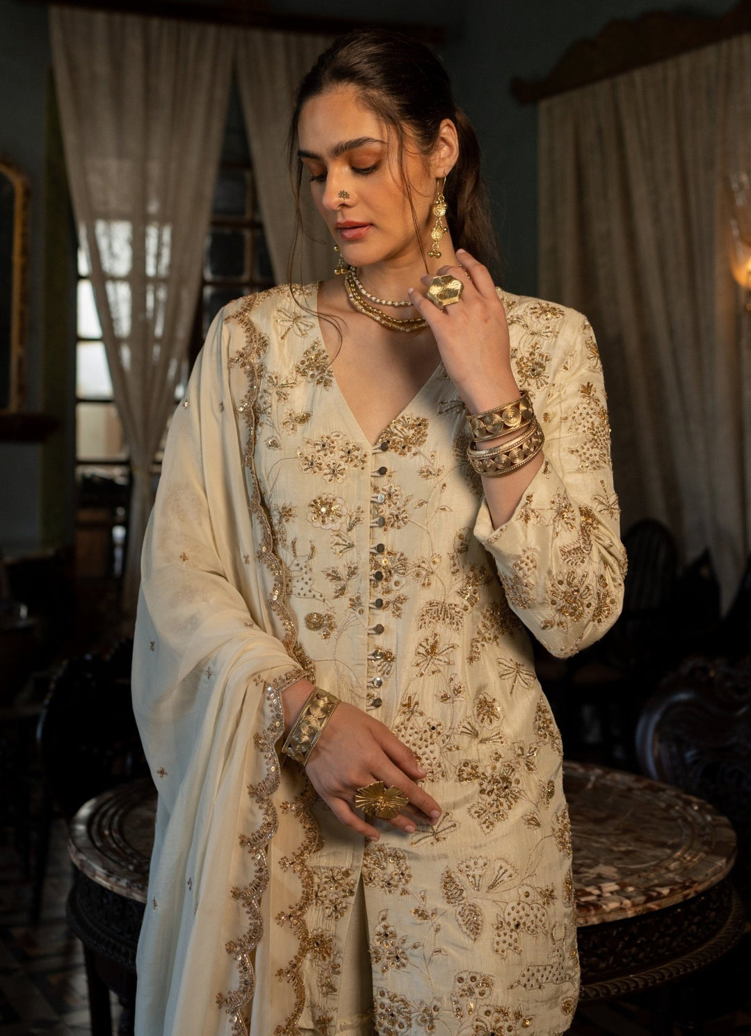 Ivory Jacquard Kurta Sharara Set Paulmi and Harsh - Fabilicious Fashion