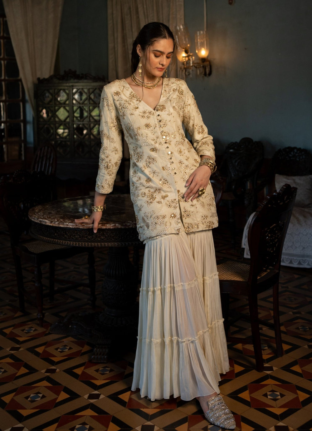 Ivory Jacquard Kurta Sharara Set Paulmi and Harsh - Fabilicious Fashion