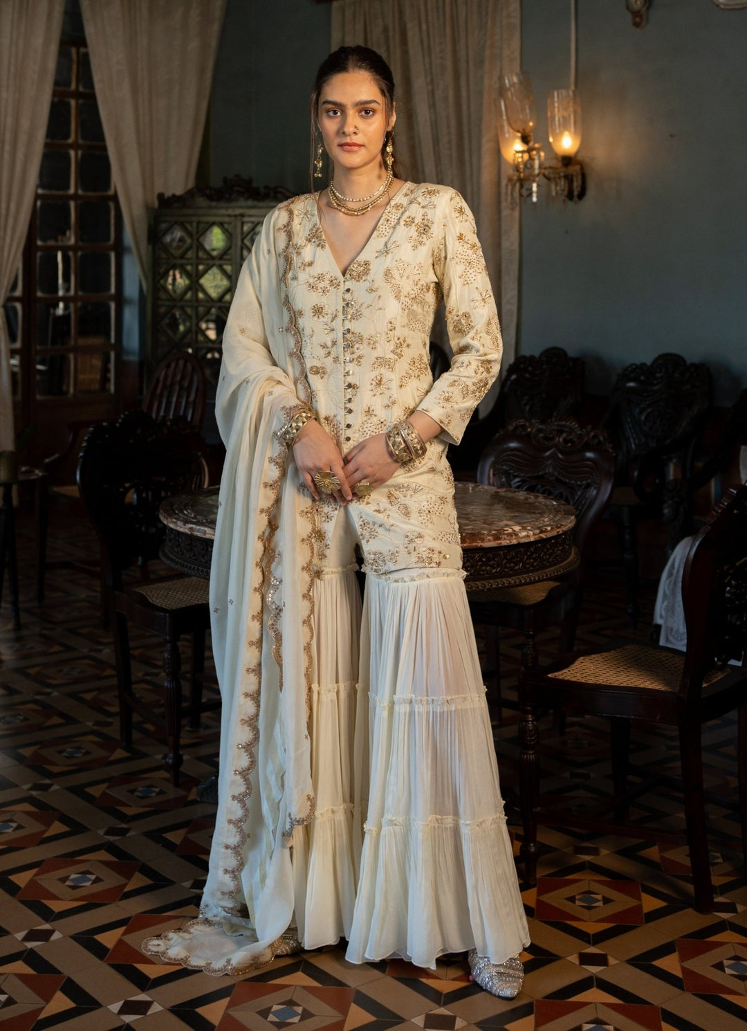 Ivory Jacquard Kurta Sharara Set Paulmi and Harsh - Fabilicious Fashion