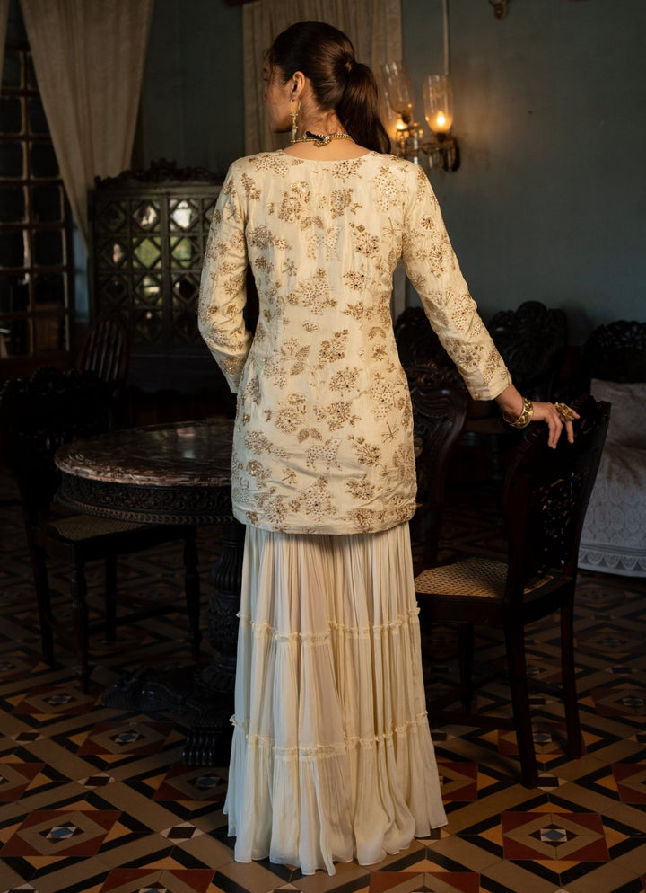 Ivory Jacquard Kurta Sharara Set Paulmi and Harsh - Fabilicious Fashion