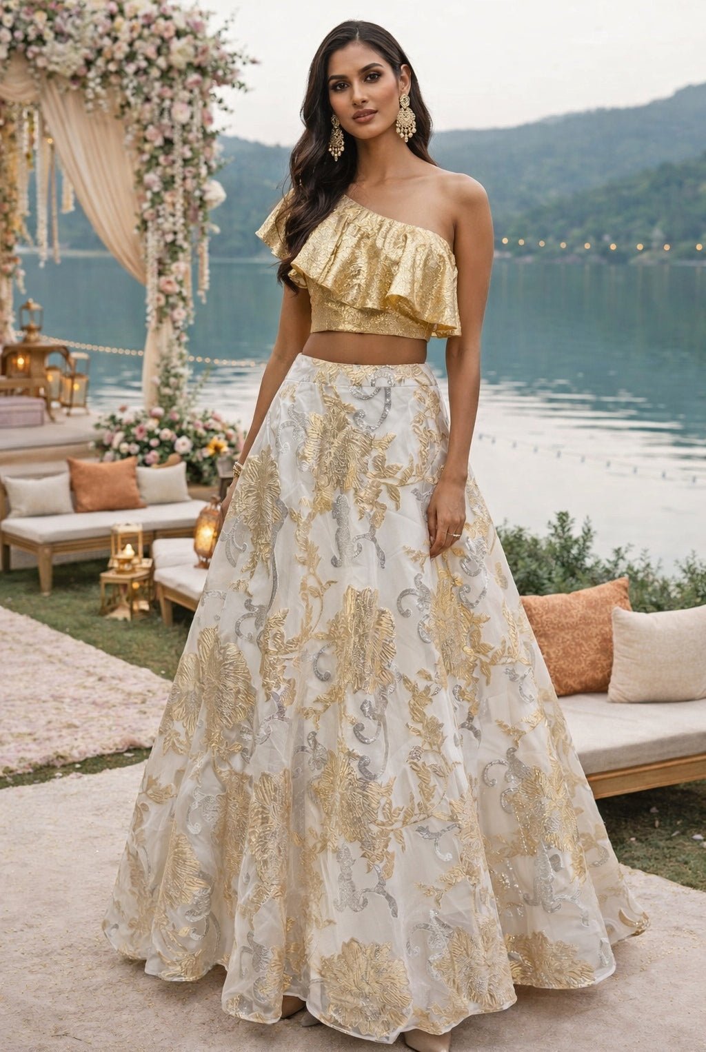 Ivory jacquard lehenga with gold blouse — affordable wedding guest outfit lehenga option