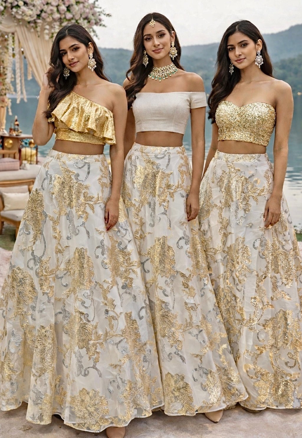 Ivory Jacquard Lehenga With Off Shoulder Blouse Shrena Hirawat - Fabilicious Fashion