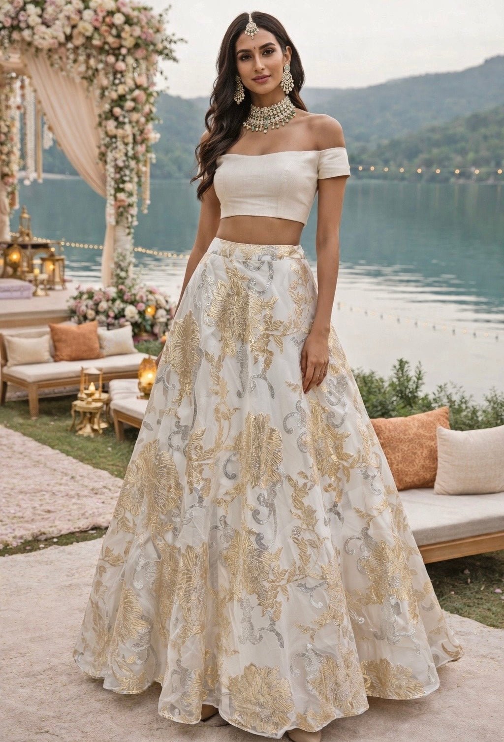Ivory jacquard lehenga — wedding guest lehenga for brunch
