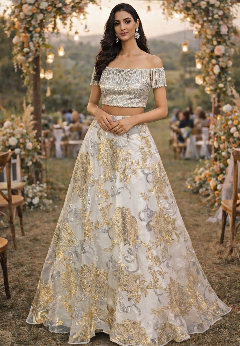 Ivory Jacquard Lehenga With Silver Off Shoulder Blouse Shrena Hirawat - Fabilicious Fashion