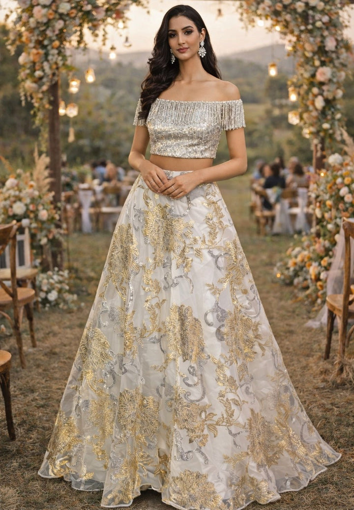 Ivory Jacquard Lehenga With Silver Off Shoulder Blouse Shrena Hirawat - Fabilicious Fashion