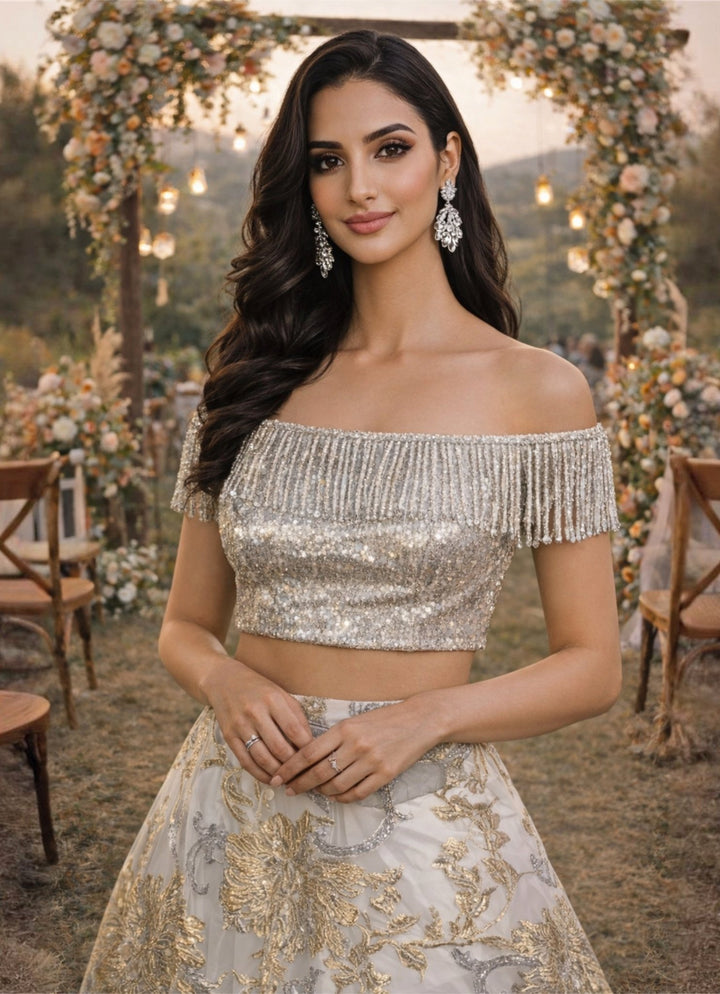 Ivory Jacquard Lehenga With Silver Off Shoulder Blouse Shrena Hirawat - Fabilicious Fashion