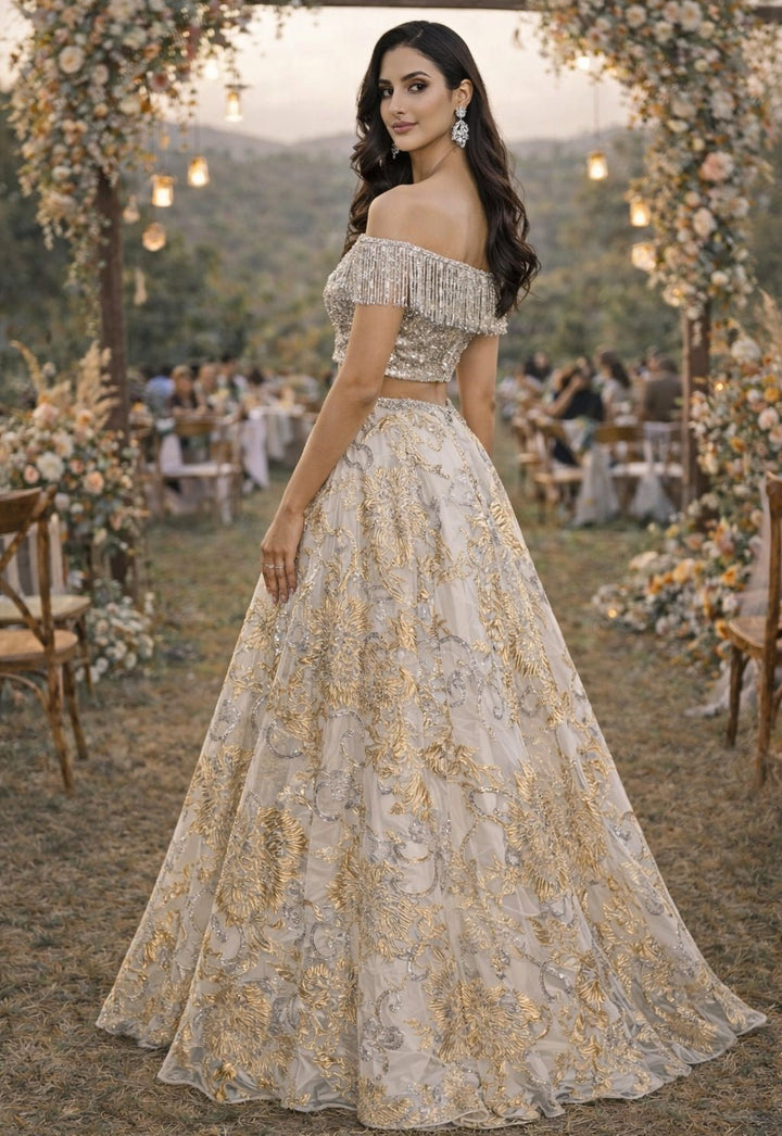 Ivory Jacquard Lehenga With Silver Off Shoulder Blouse Shrena Hirawat - Fabilicious Fashion