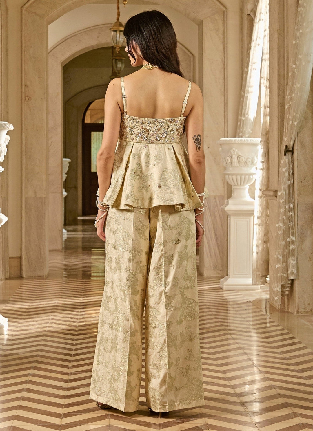 Ivory Jacquard Peplum Trousers Set Paulmi and Harsh - Fabilicious Fashion