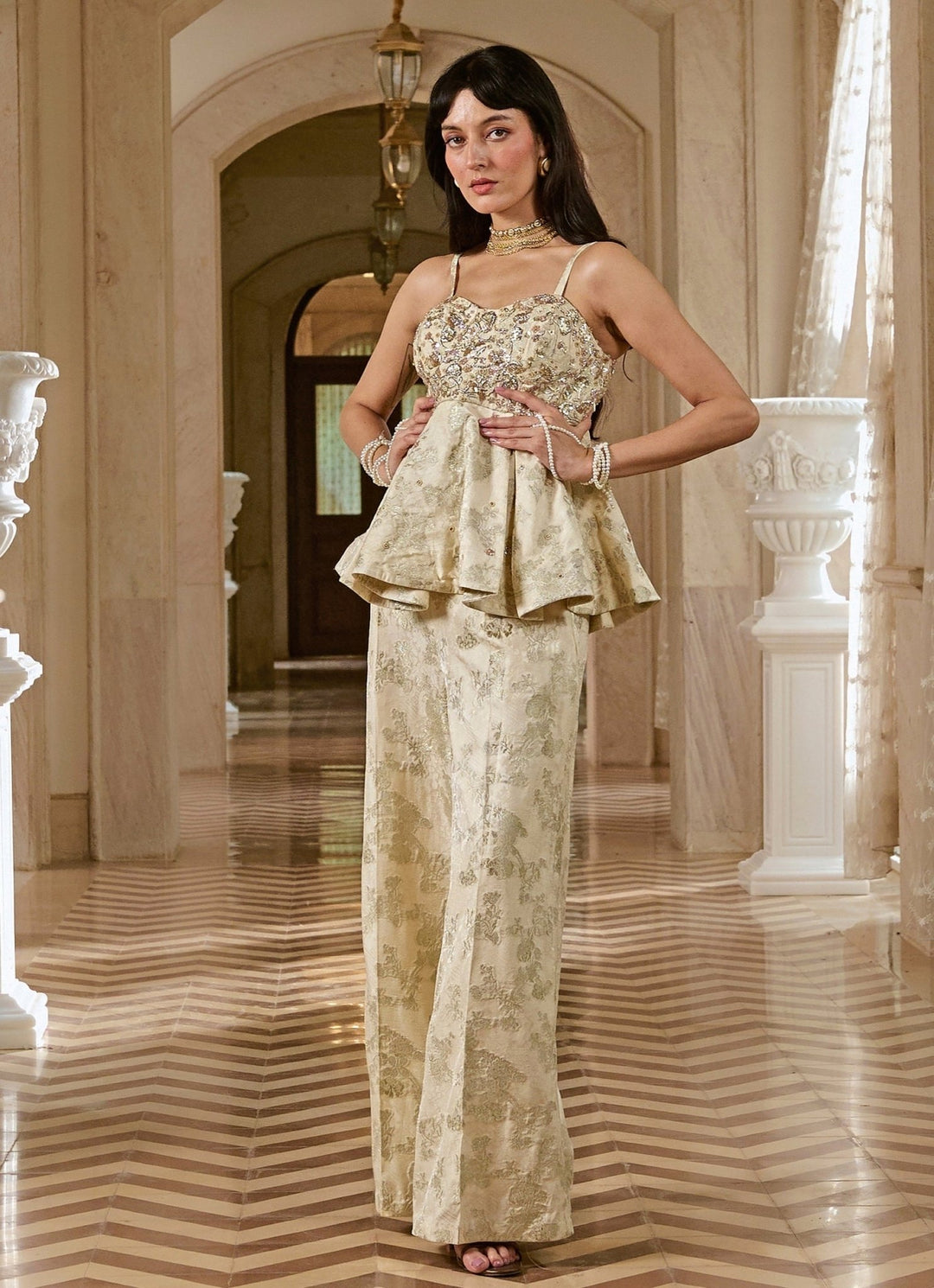 Ivory Jacquard Peplum Trousers Set Paulmi and Harsh - Fabilicious Fashion