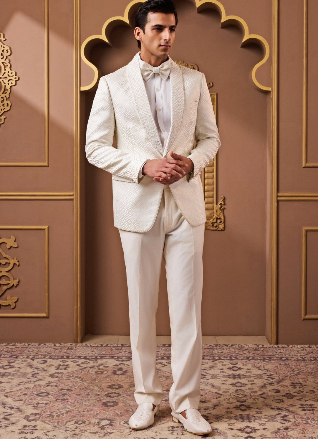 Ivory Jacquard Tuxedo Set Nitika Gujral - Men - Fabilicious Fashion